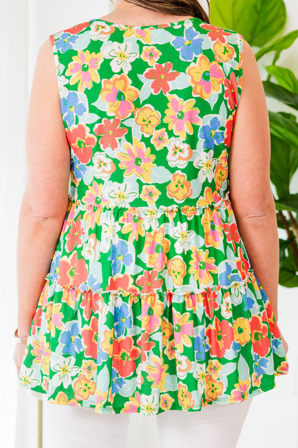 Chic Soul plus size clothing, green babydoll tiered tank with multicolor floral pattern and a v neck