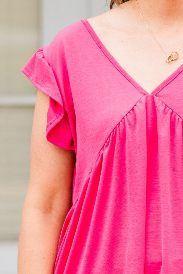 Chic Soul plus size clothing, short-sleeve magenta ruffled baby doll top with v-neckline 