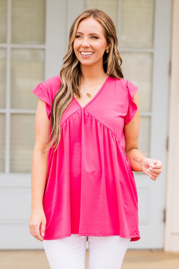 Chic Soul plus size clothing, short-sleeve magenta ruffled baby doll top with v-neckline 