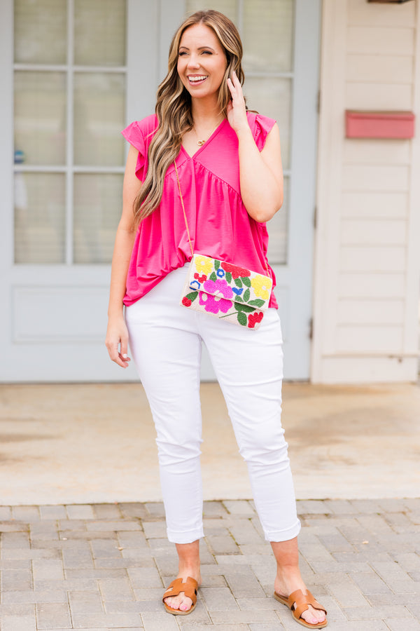 Chic Soul plus size clothing, short-sleeve magenta ruffled baby doll top with v-neckline 