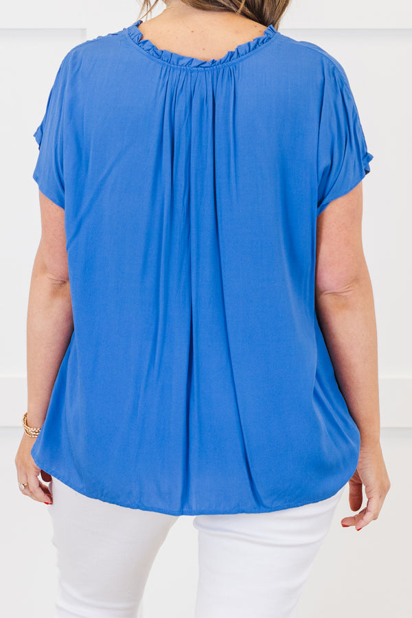 Chic Soul plus size clothing, short-sleeve denim blue top with a v-neckline and ruffled detailing along the collar 