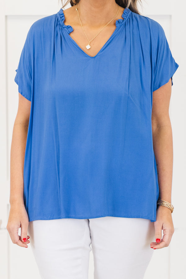 Chic Soul plus size clothing, short-sleeve denim blue top with a v-neckline and ruffled detailing along the collar 