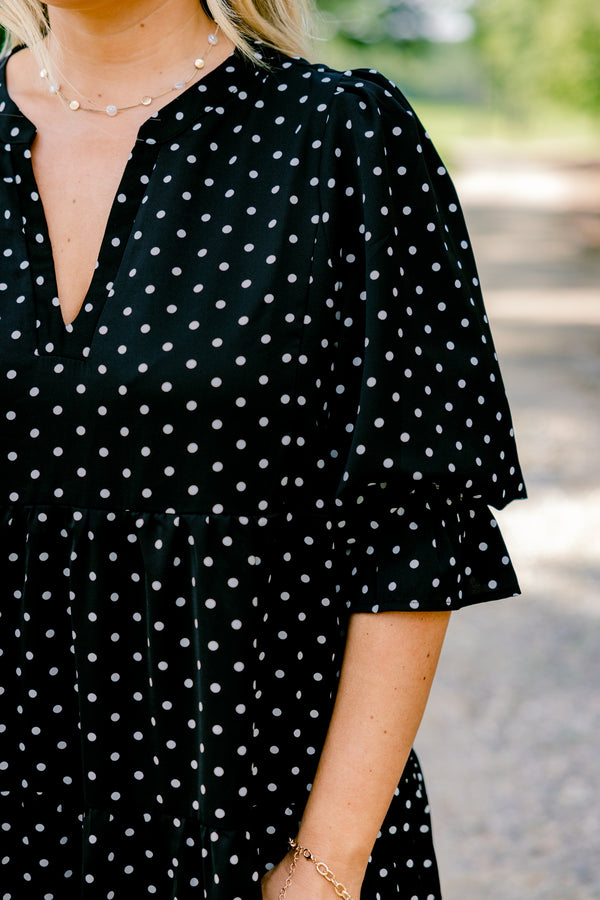 Chic Soul plus size clothing, black short bubble sleeve short tiered dress with white polka dots