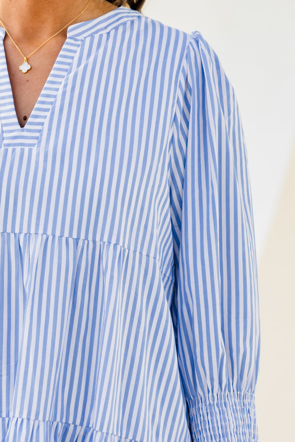 Chic Soul plus size clothing, mini bell sleeve blue and white striped baby doll dress with a split-v-neckline and smocked cuffs with ruffle detailing 