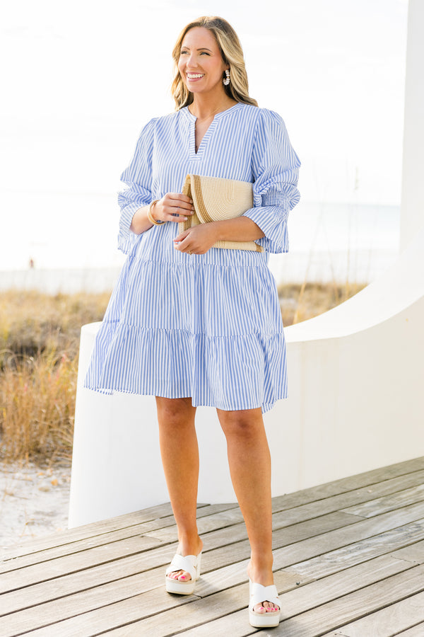 Chic Soul plus size clothing, mini bell sleeve blue and white striped baby doll dress with a split-v-neckline and smocked cuffs with ruffle detailing 