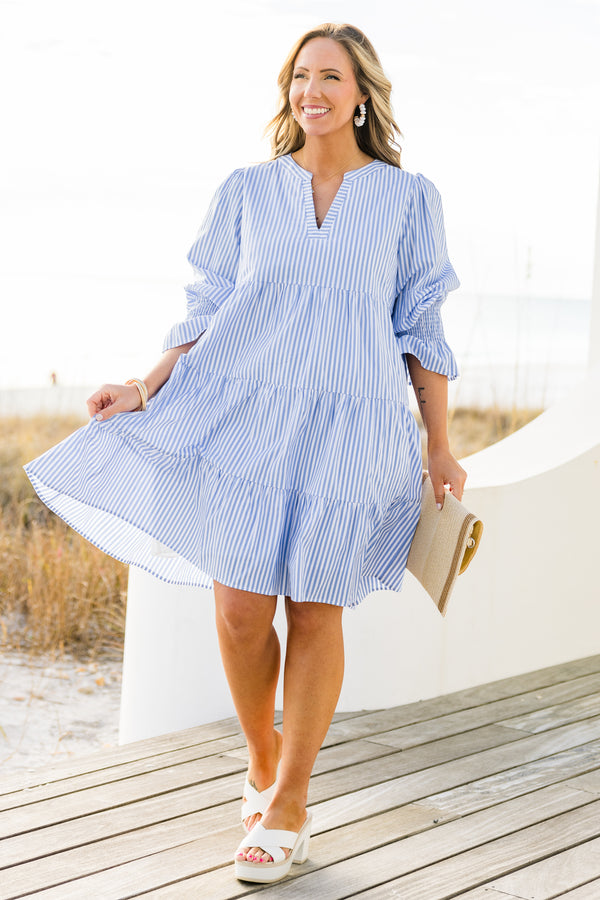 Chic Soul plus size clothing, mini bell sleeve blue and white striped baby doll dress with a split-v-neckline and smocked cuffs with ruffle detailing 