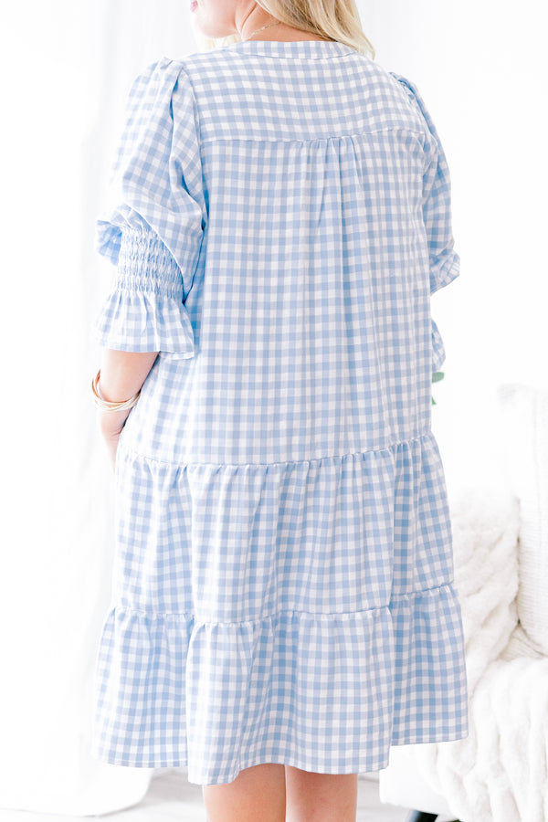 Chic Soul plus size clothing, blue gingham baby doll dress with long sleeves that have a ruffle detail at the end of the sleeve 