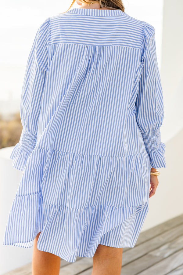 Chic Soul plus size clothing, mini bell sleeve blue and white striped baby doll dress with a split-v-neckline and smocked cuffs with ruffle detailing 