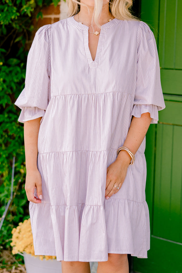 Chic Soul plus size clothing, brown striped baby doll dress with half sleeves that have ruffle detailing around the bottom of each sleeve 
