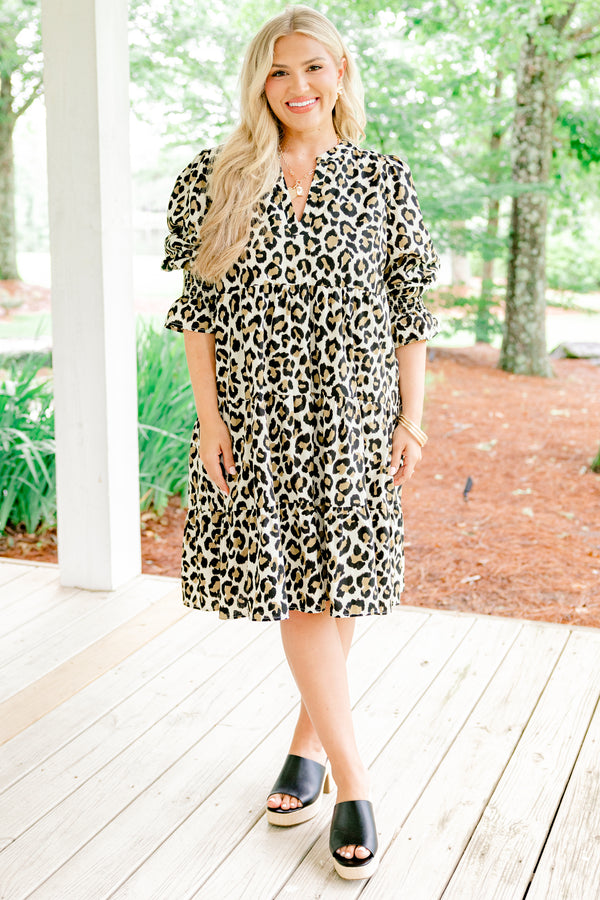 Chic Soul plus size clothing, Short sleeve  leopard print baby doll dress with a ruffle detail at the end of the sleeve and a slight v-neckline 