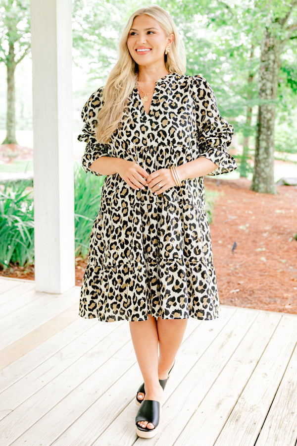 Chic Soul plus size clothing, Short sleeve  leopard print baby doll dress with a ruffle detail at the end of the sleeve and a slight v-neckline 