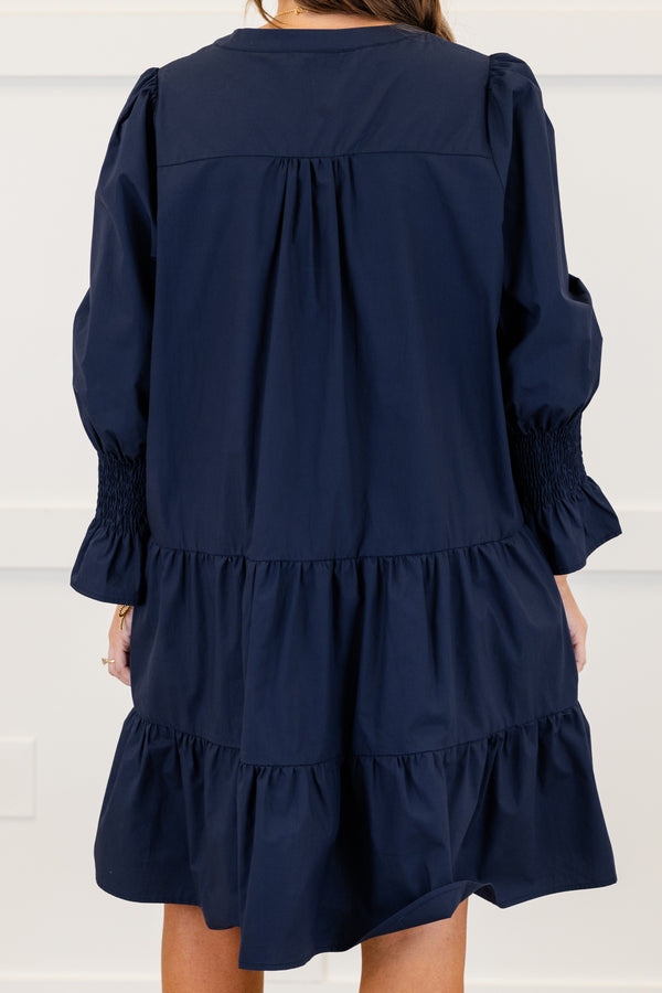 Chic Soul plus size clothing, long-sleeve navy blue ruffled baby doll dress with a split-v-neckline and smocked wrist