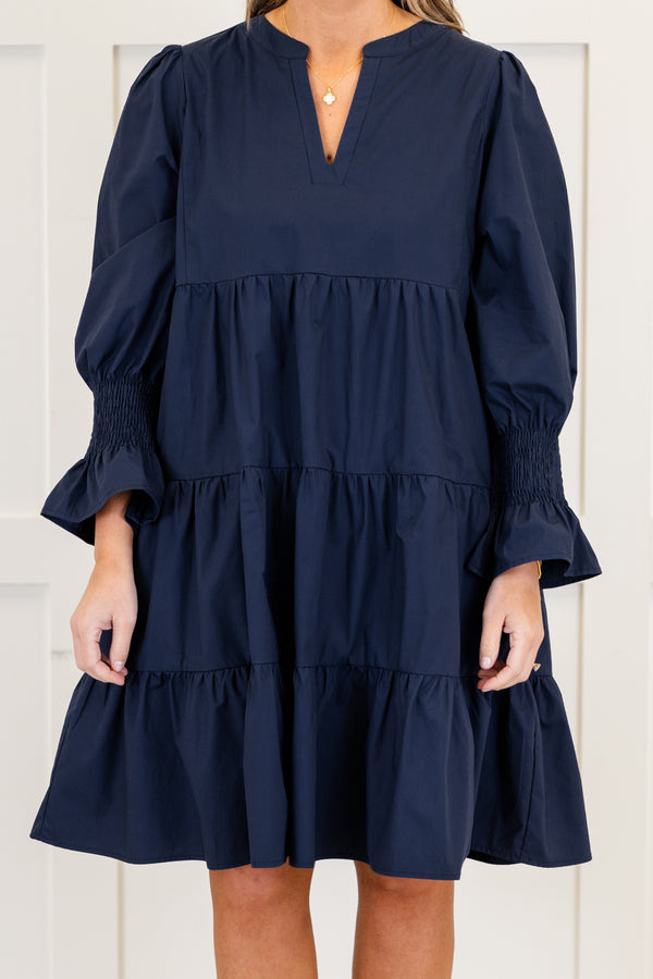 Chic Soul plus size clothing, long-sleeve navy blue ruffled baby doll dress with a split-v-neckline and smocked wrist