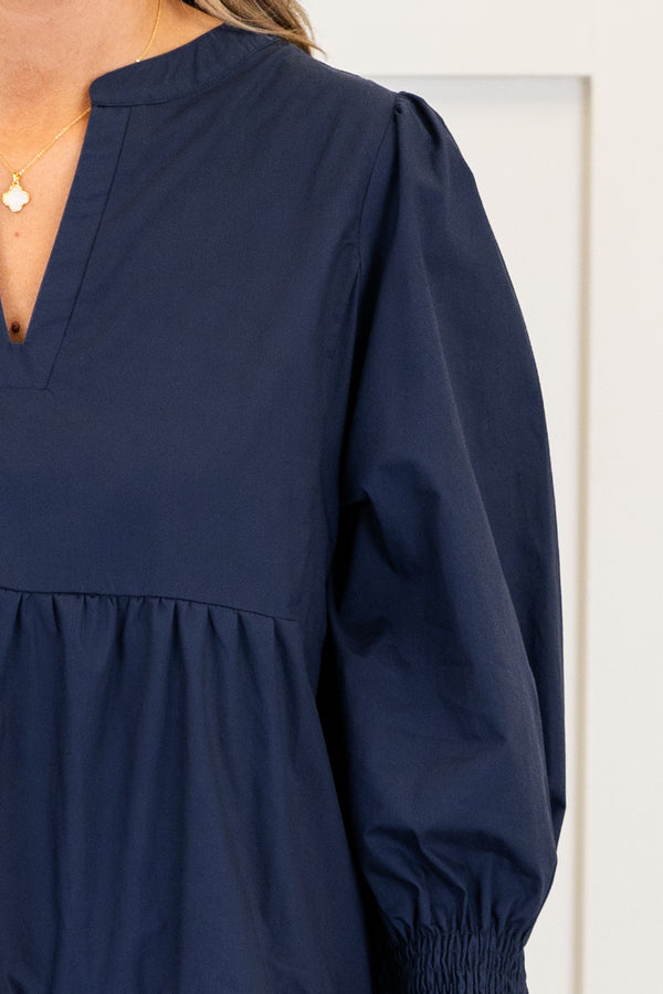 Chic Soul plus size clothing, long-sleeve navy blue ruffled baby doll dress with a split-v-neckline and smocked wrist