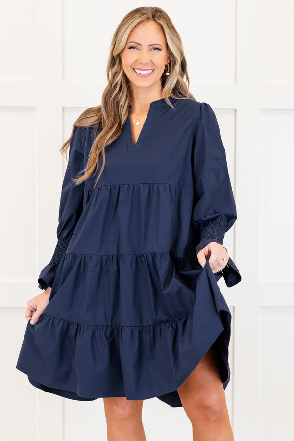 Chic Soul plus size clothing, long-sleeve navy blue ruffled baby doll dress with a split-v-neckline and smocked wrist