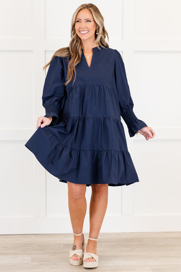 Chic Soul plus size clothing, long-sleeve navy blue ruffled baby doll dress with a split-v-neckline and smocked wrist