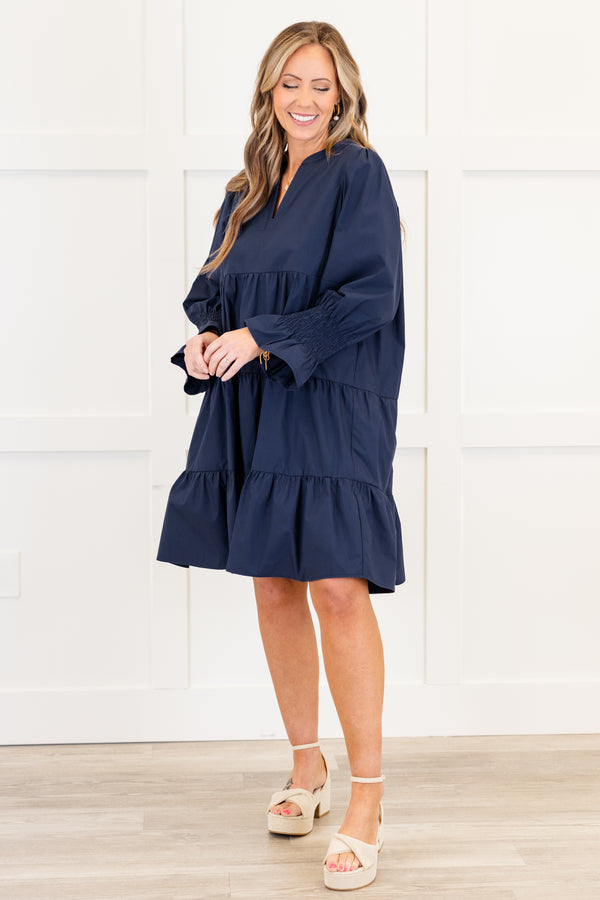 Chic Soul plus size clothing, long-sleeve navy blue ruffled baby doll dress with a split-v-neckline and smocked wrist