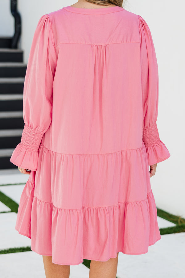Chic Soul plus size clothing, quarter-bubble-sleeve pink ruffled baby doll dress with a split-v-neckline 