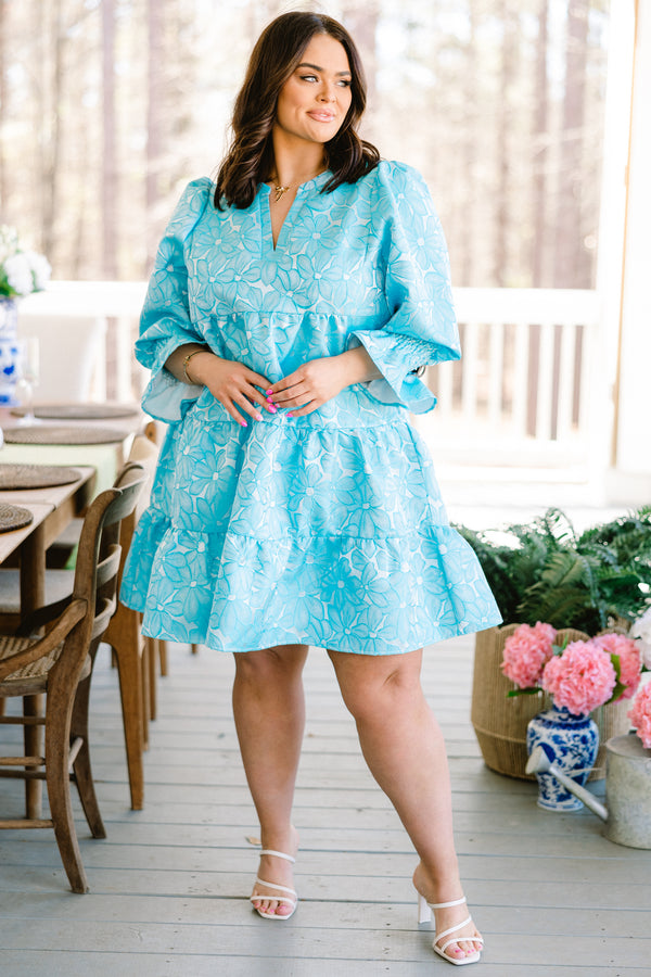 Chic Soul plus size clothing bubble-quarter-sleeve ruffled sapphire blue baby doll dress with a split-v-neckline and a blue floral pattern 
