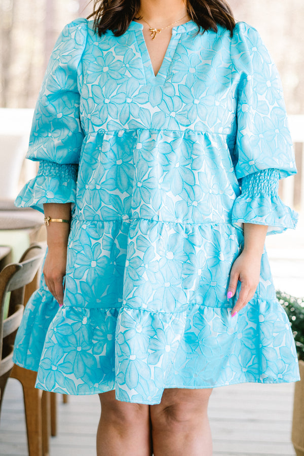 Chic Soul plus size clothing bubble-quarter-sleeve ruffled sapphire blue baby doll dress with a split-v-neckline and a blue floral pattern 