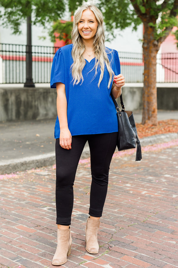 Plus Size blue short-sleeve top featuring a scalloped V-neckline and textured polyester fabric.