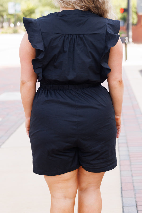 Chic Soul plus size clothing, black romper with ruffles and a cinched waistline