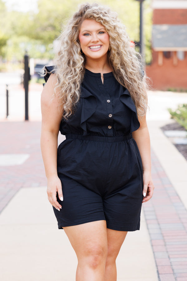 Chic Soul plus size clothing, black romper with ruffles and a cinched waistline