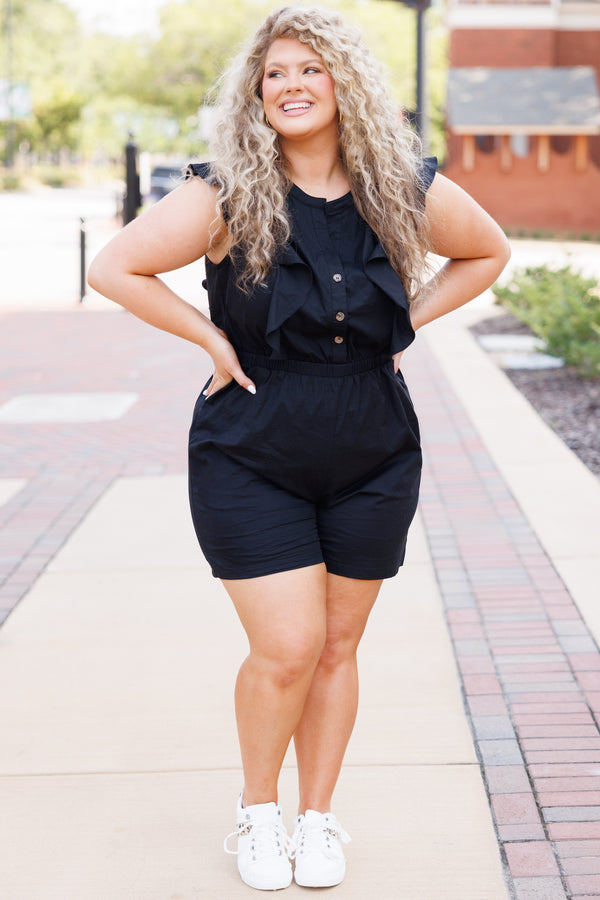 Chic Soul plus size clothing, black romper with ruffles and a cinched waistline