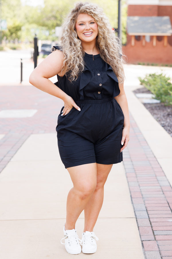 Chic Soul plus size clothing, black romper with ruffles and a cinched waistline