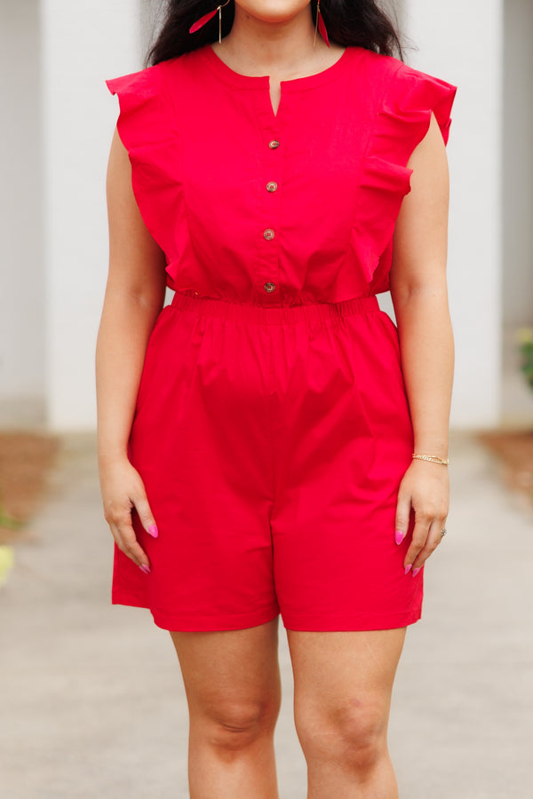 Chic Soul plus size clothing, tomato red romper with a cinched waistline and ruffles