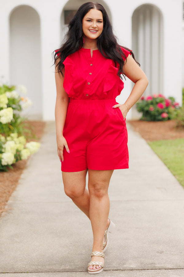 Chic Soul plus size clothing, tomato red romper with a cinched waistline and ruffles