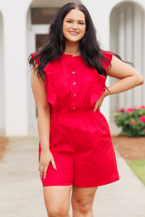 Chic Soul plus size clothing, tomato red romper with a cinched waistline and ruffles
