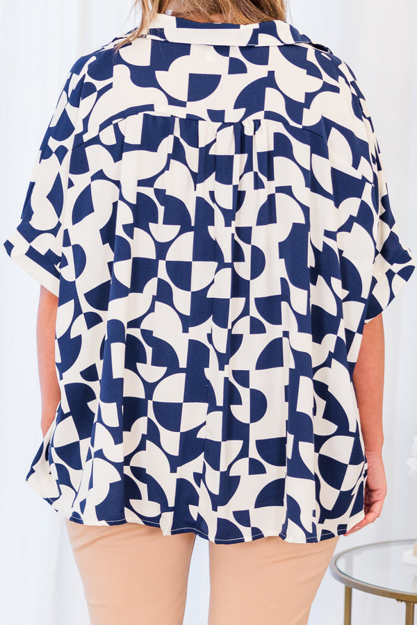 Chic Soul plus size clothing, short-sleeve collared navy top with button detailing and white abstract geometric pattern 