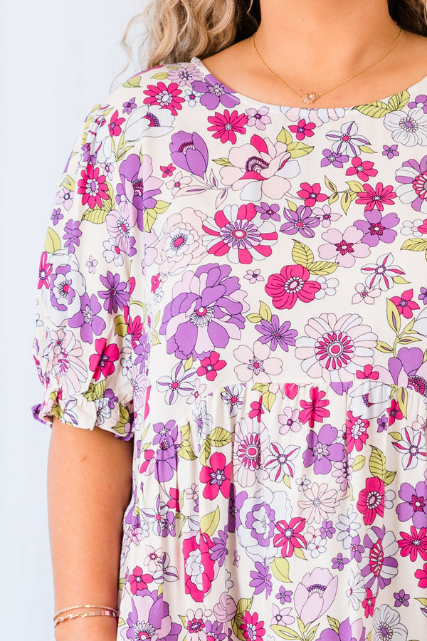 Chic Soul plus size clothing, purple floral short sleeve top with puff sleeves and babydoll detail