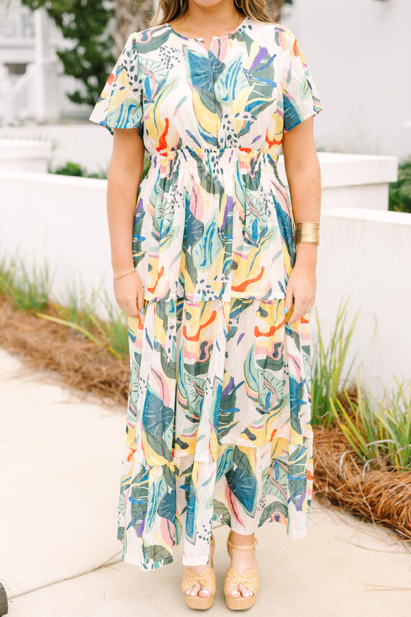 Chic Soul plus size clothing, short sleeve green tropical maxi dress with ruffled details and high-neckline