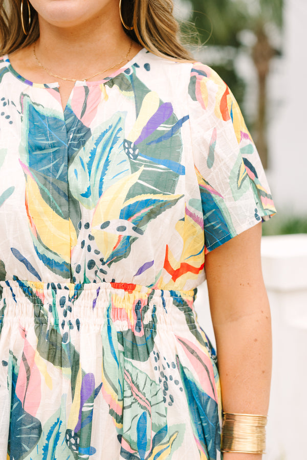 Chic Soul plus size clothing, short sleeve green tropical maxi dress with ruffled details and high-neckline