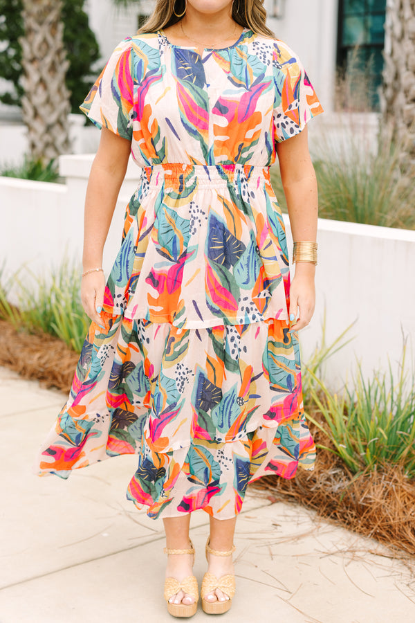 Chic Soul plus size clothing, short sleeve tiered maxi dress with puff sleeves and synched waist with pink tropical print