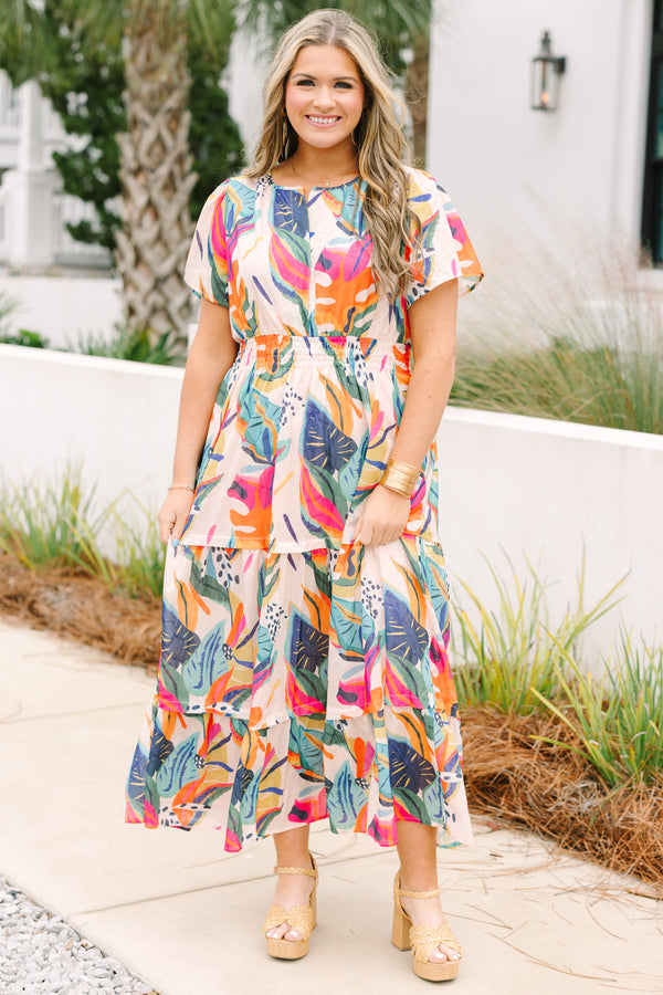 Chic Soul plus size clothing, short sleeve tiered maxi dress with puff sleeves and synched waist with pink tropical print