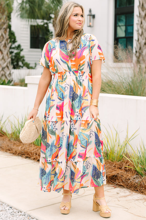 Chic Soul plus size clothing, short sleeve tiered maxi dress with puff sleeves and synched waist with pink tropical print