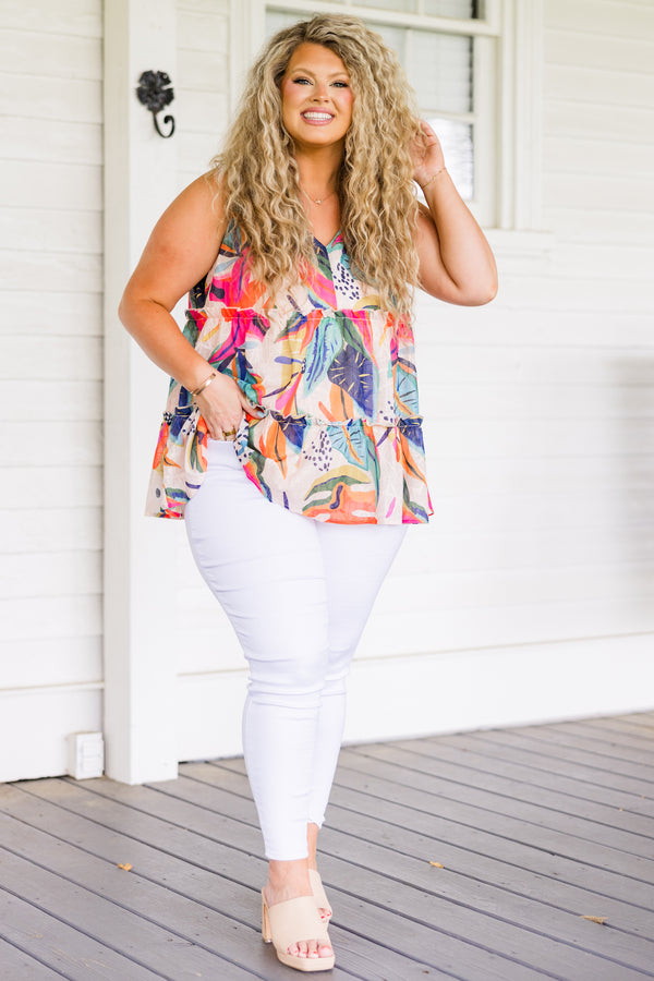 Chic Soul plus size clothing, fuchsia multi-colored baby doll tank with ruffles and tropical floral pattern