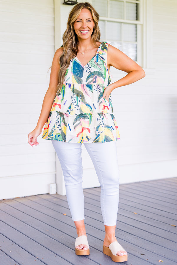 Chic Soul plus size clothing, sleeveless green multi-colored babydoll tank top with v-neckline and tropical floral pattern detailing 