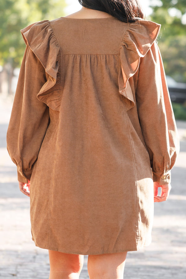 Chic Soul plus size clothing, camel button up dress with ruffle detailing at the shoulder