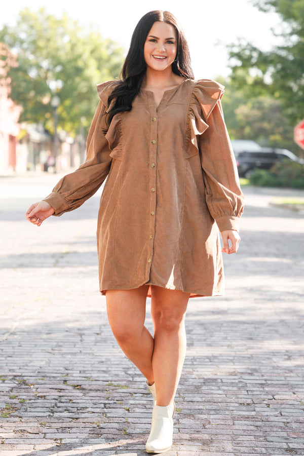 Chic Soul plus size clothing, camel button up dress with ruffle detailing at the shoulder