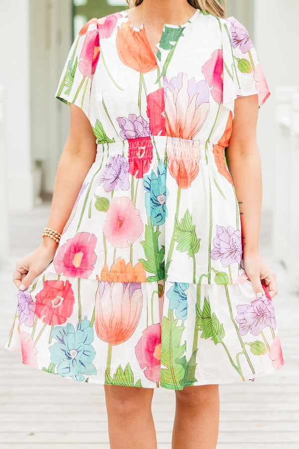 Chic Soul plus size clothing, short-sleeve ruffled pink dress with a split-v-neckline and a smocked waistline with a watercolor multicolored floral print 