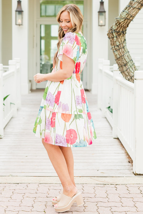 Chic Soul plus size clothing, short-sleeve ruffled pink dress with a split-v-neckline and a smocked waistline with a watercolor multicolored floral print 