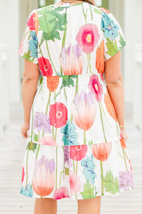 Chic Soul plus size clothing, short-sleeve ruffled pink dress with a split-v-neckline and a smocked waistline with a watercolor multicolored floral print 