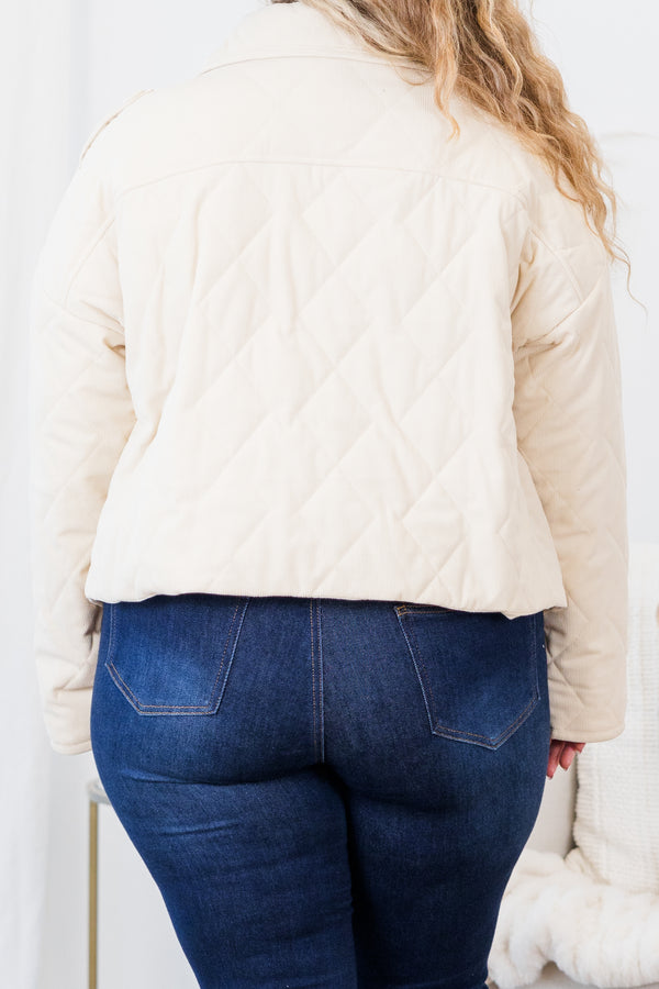 Chic Soul plus size clothing, cream long sleeve quilted jacket with cropped length with button up detail 