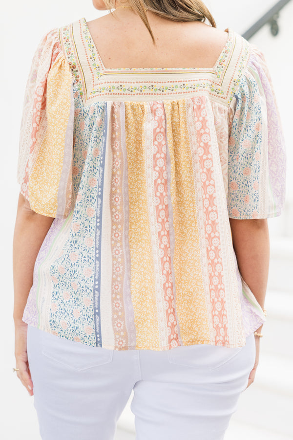 Chic Soul plus size clothing, short-sleeve orange tan multi-colored top with a square-neckline and a quilt striped pattern