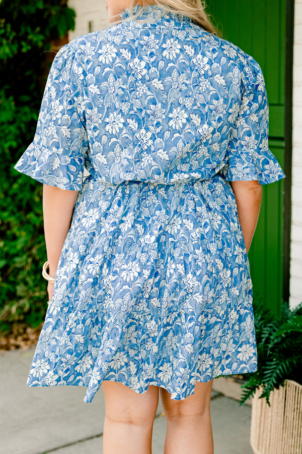 Chic Soul plus size clothing, blue grey short sleeve ruffle collar short dress with waist tie and white floral pattern