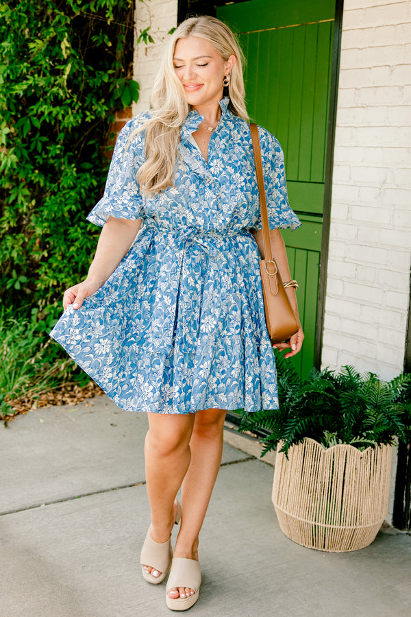 Chic Soul plus size clothing, blue grey short sleeve ruffle collar short dress with waist tie and white floral pattern